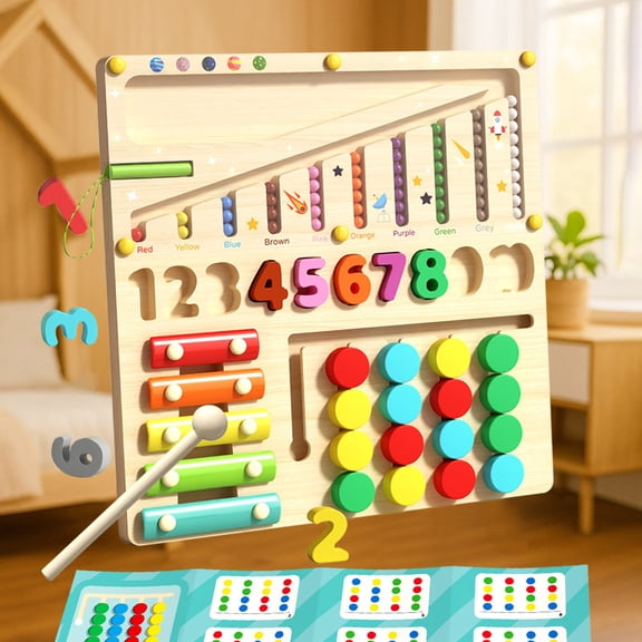 VVQ 4-in-1 Magnetic Board , Wooden Multi-Activity Bead Maze and Xylophone with Color Sorting, Early Learning Educational for Number Matching and Music Perception
