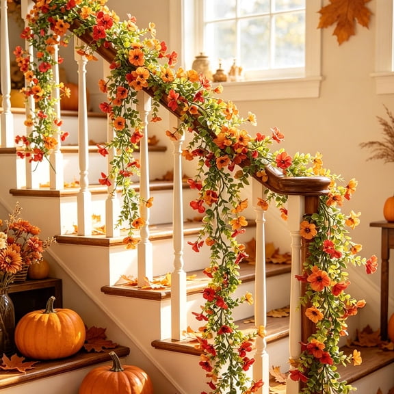 VVQ 4Pcs Artificial Flower Vines 180cm, Simulation Plastic Rattan for Wedding Party Home Decor, Faux Flower Garlands for Wall Arch Fireplace Decoration, Orange
