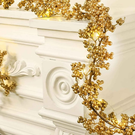 VVQ 5.9ft Gold Berry Christmas Garland With Lights, Artificial Pre-Lit Garland for Indoor Mantle Staircase, Xmas Decoration Garland for Home Party Fireplace Wall
