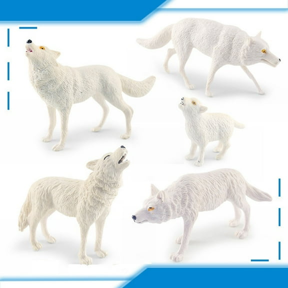 VVQ 5PC Simulation White Wolf Model, Roaring Wolf Walking Wolf Cub Desktop Sand Table Decoration, Lifelike Plastic Animal Figures for Diorama Party Gift