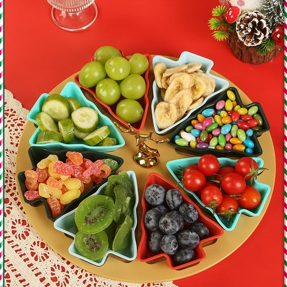 VVQ 8-Piece Plastic Christmas Tree Snack Serving Set with Tray, Festive Holiday Nut Dessert Candy Platter, Christmas Tree Dry Fruit Nut Dish for Party Buffet Family Gathering