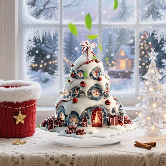 VVQ Acrylic Christmas Tree Ornament, 2D Tabletop Christmas Decorations, Decor with Gift Reindeer Scene 7.8in