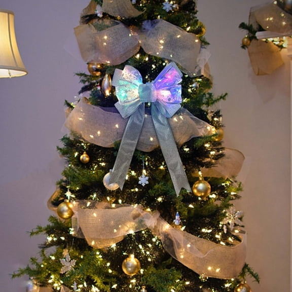 VVQ Christmas Luminous Bow Tree Decorative Pendant, LED Double Layer Light Ribbon Bow for DIY Wreath, Glowing Bow Ornament for Christmas Tree, Silver