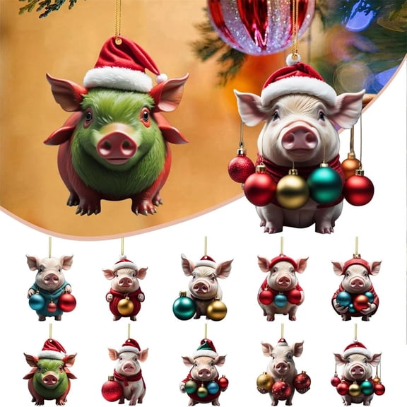 VVQ Christmas Pig Pendant for Tree Ornament, 6 Pack Acrylic Flat Car Shaped Holiday Decor, Cute Farm Animal Hanging Ornaments for Festive Christmas Tree Decoration