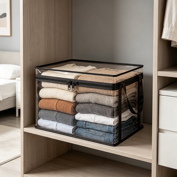 VVQ Clear PVC Storage Box, Zippered Large Capacity Transparent Organizer Bag with Carry Handles, Waterproof Storage Container for Clothes Bedding