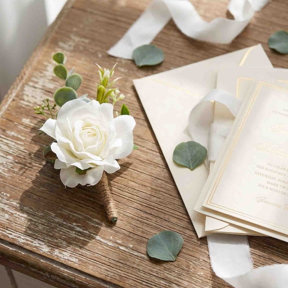 VVQ Cream White Rose Wedding Boutonniere Wrist Corsage Set, Artificial Flower Bridal Boutonniere for Groom Bridesmaid, Wedding Floral Accessories for Prom Party Ceremony