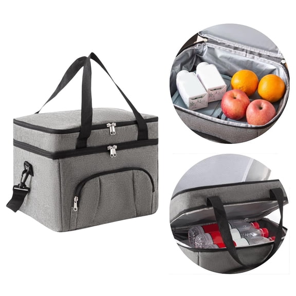 VVQ Double Layer Large Capacity Insulation Bag, Reusable Thermal Lunch Tote with Ice Pack, Portable Picnic Cooler for Travel Work Outdoor, Gray