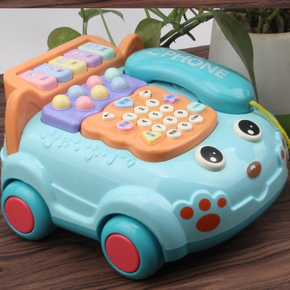 VVQ Early Education Phone Car, 6-in-1 Multifunctional Simulation Phone with Music, Digital Scales, Animal Sounds, LED Lights, Drag-Along Crawling , Blue