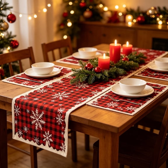 VVQ Festive Christmas Table Runner And Placemat Set, 7 Piece Holiday Dining Set for Winter Table, Linen Table Runner Placemats for Family Dinner Christmas Party