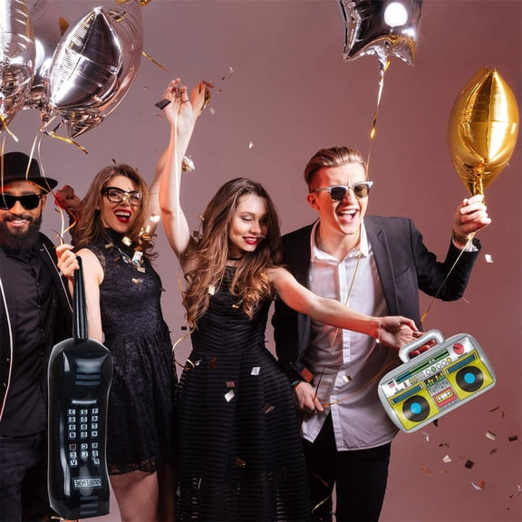 VVQ Inflatable Radio and Cell Phone Props, 80s 90s Party Decorations Boombox Mobile Phone Set, Retro Cassette Player Blow Up Costume Accessory for Hip Hop Theme Graduation Halloween