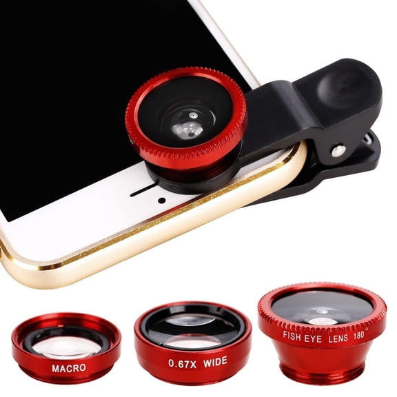 VVQ Phone Camera Lens Kit, 3-in-1 Fish Eye Wide Angle Macro Lens, Universal Clip-On Lens for Smartphone Tablet, Portable Photography Lens for Mobile Phone Camera Accessories, Red