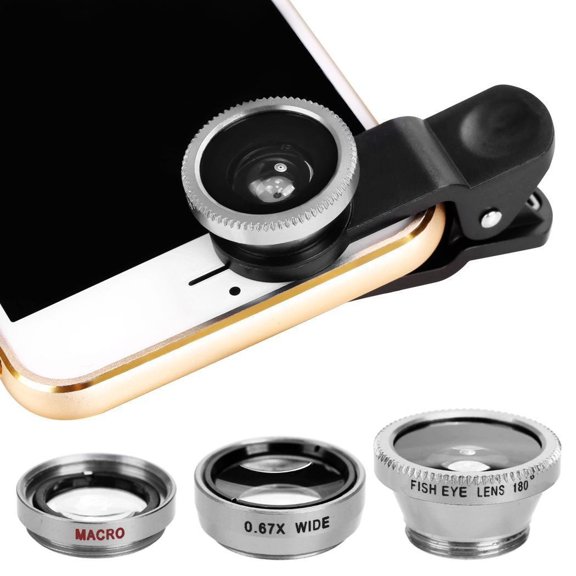 VVQ Phone Camera Lens Kit, 3-in-1 Fish Eye Wide Angle Macro Lens, Universal Clip-On Lens for Smartphone Tablet, Portable Photography Lens for Mobile Phone Camera Accessories, Silver