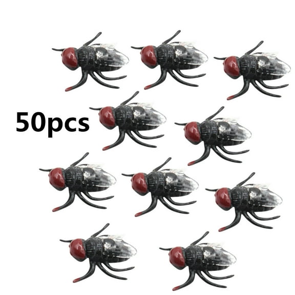 VVQ Plastic Fake Fly, 50Pcs Realistic Trick Joke for Prank, Simulation Insect Fly for April Fools Day Party Decor, Gag Props for Desk Coffee Cup Science Project, Black