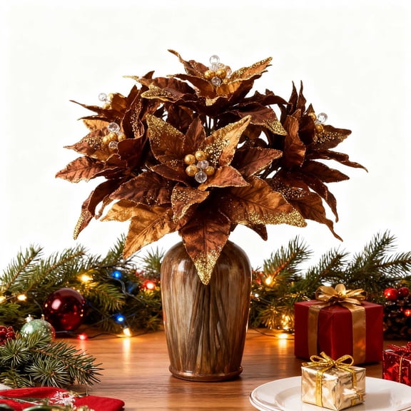 VVQ Premium Fabric Coffee Christmas Flowers, Realistic Artificial Christmas Tree Dress Up Decorations, High-End Christmas Flower for Holiday Wreath Garland Party