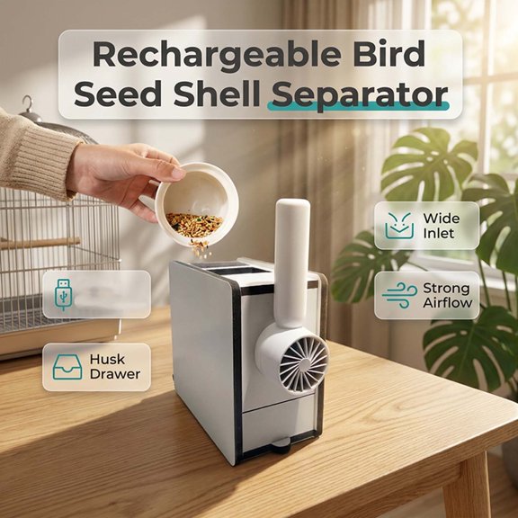 VVQ Rechargeable Bird Seedshell Separator, Compact Desktop Feedshell Blower for Bird Care, Automatic Husks Removal Tool with Wide Inlet for Cleaner Feeding Area