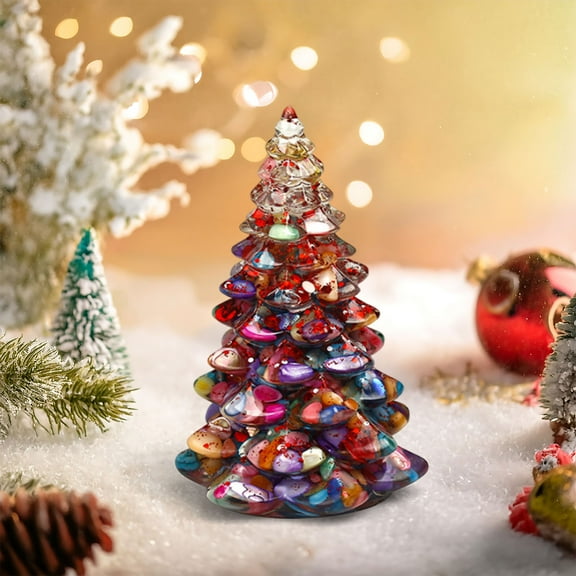 VVQ Resin Christmas Tree Home Decoration, Mini Tabletop Ornament Festive Holiday Decor, Shimmering Crystal Chip Tree for Living Room Office Shelf Centerpiece