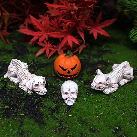 VVQ Resin Skeleton Dog Halloween Garden Decoration, Movable Skeleton Head Pumpkin Ornament, Skeleton Cat Decoration for Party Pranks Easter Display