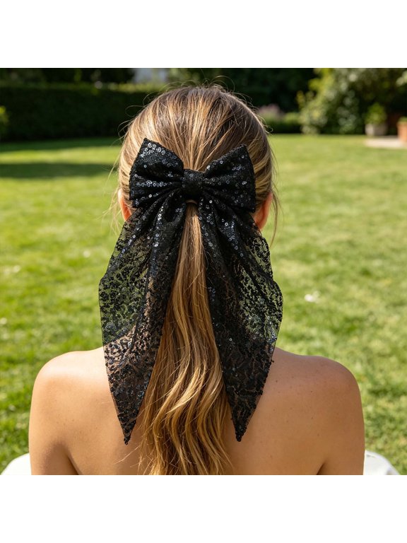 Sequined Bow Hair Clip, Stylish Ribbon Spring Clip Hair Accessory for Women, Fabric Hair Bow for Parties Graduation Daily Wear, Black