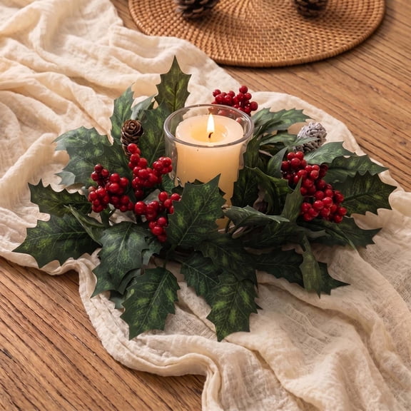 VVQ Simulated Holly Wreath Red Fruit Christmas Candle Holders, Faux Berry Wreath for Showcase Cabinet Decoration, Lifelike Holiday Centerpiece Ornaments for Mantel Shelf Table