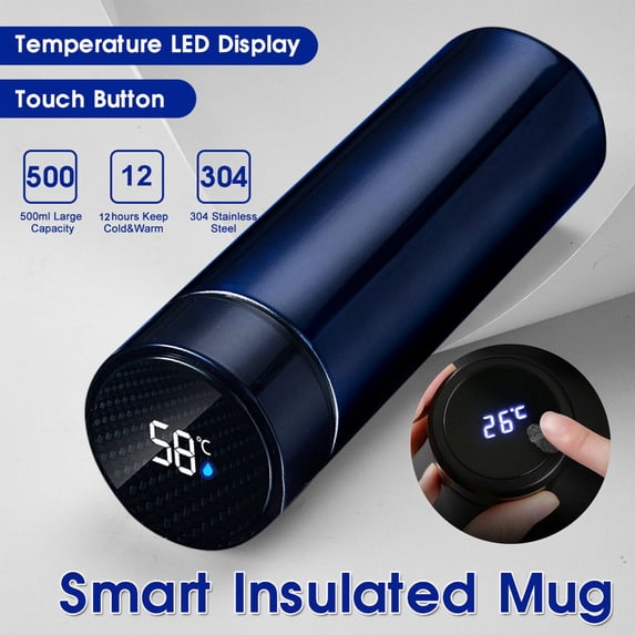 VVQ Smart Vacuum Flask with LCD Temperature Display, 304 Stainless Steel Insulated Water Bottle 500ml, 12-Hour Hot or Cold Leak-Proof Smart Kettle for Travel Office Outdoor Sports, Blue