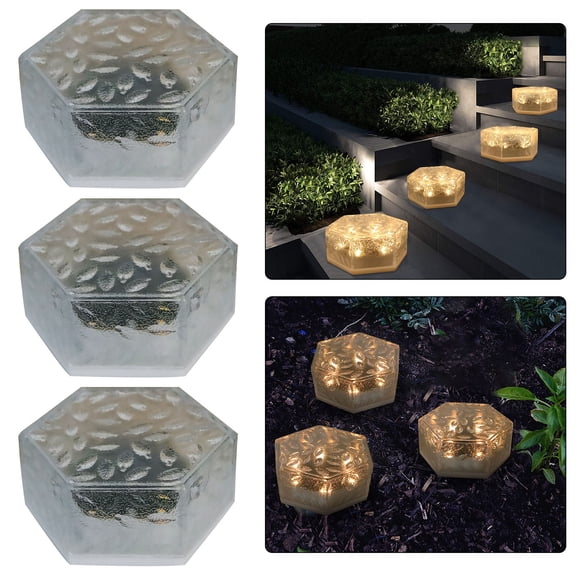 VVQ Solar Brick Light 9.5x9.5x4.3cm, Hexagonal Ice Brick Buried Lamp Outdoor Decorative Floor Light, Frosted Glass Solar Powered Garden Light, Automatic On Off Patio Courtyard Terrace Walkway