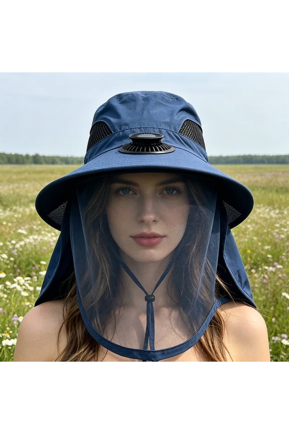 Solar Fan Hat with Mesh Wide Brim Sun Protection for Men Women Outdoor, Adjustable Headband Breathable Cooling Hat for Fishing Gardening Hiking, Rechargeable Solar Powered Fan Hat for Hot Weather