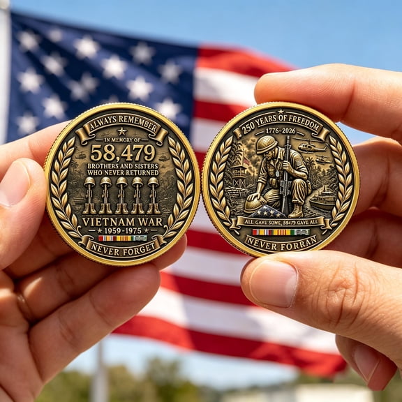 VVQ Vietnam War Commemorative, 58, 479 Soldiers Memorial 1776-2026, 250th Anniversary Collectible Patriotic Military Keepsake with Antique Gold Finish