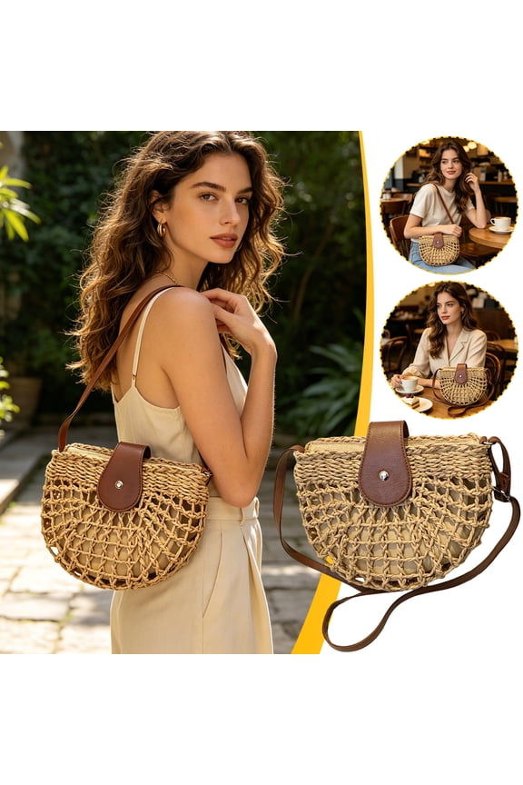 Woven Straw Beach Bag Crossbody, Shoulder Saddle Bag for Women Vacation, Small Summer Tote for Seaside Travel Sunscreen Sunglasses
