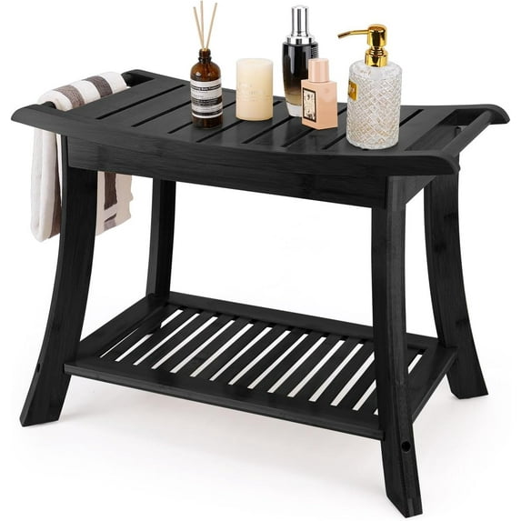 VVW Bamboo Shower Bench & Stool with Storage Shelf, Bath Benches for Inside Shower, Bathroom Stools 2-Tier Spa Seat for Adults Elderly (Black)
