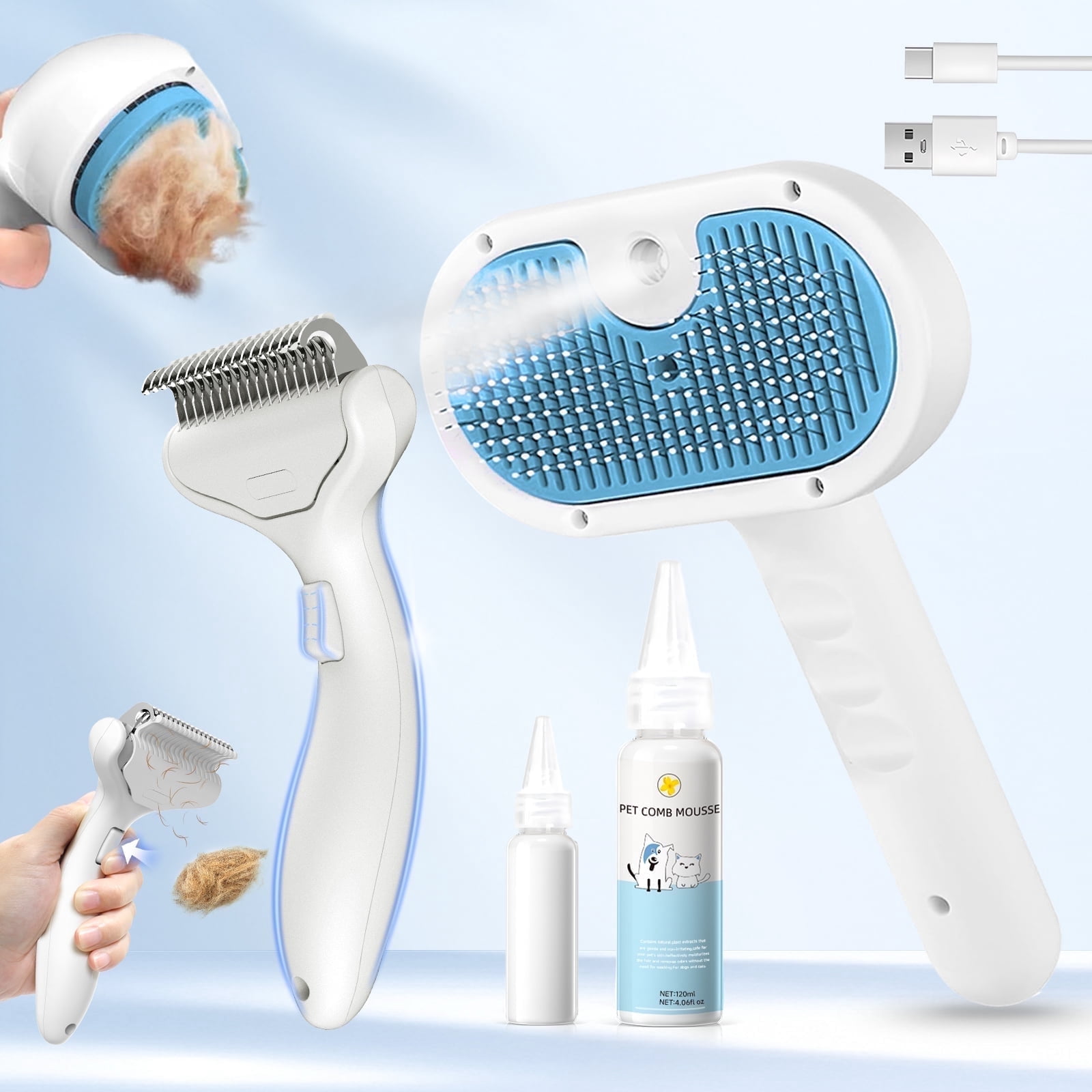 Pet Steam Brush for Dog & Cat - 3-in-1 Steam Grooming Slicker Brush & Undercoat Rake for Shedding - Self Cleaning Spray Comb with Mist for Long & Short Haired Pets - Includes Waterless Shampoo, Blue
