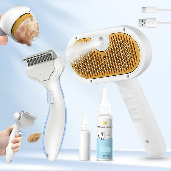 Pet Steam Brush for Dog & Cat - 3-in-1 Steam Grooming Slicker Brush & Undercoat Rake for Shedding - Self Cleaning Spray Comb with Mist for Long & Short Haired Pets - Includes Waterless Shampoo