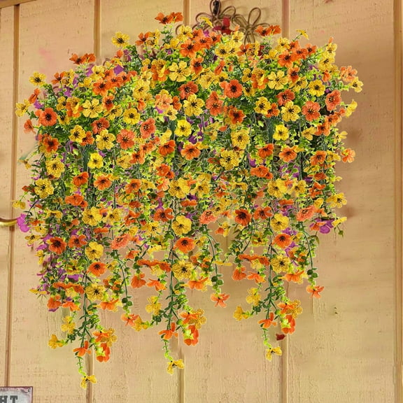 VVYXX 2 Pcs Artificial Hanging Flowers Outdoor Summer Fall Decor UV Resistant Fake Flower Plant Outside Garden Porch Patio Wedding Decor，YELLOW ORANGE