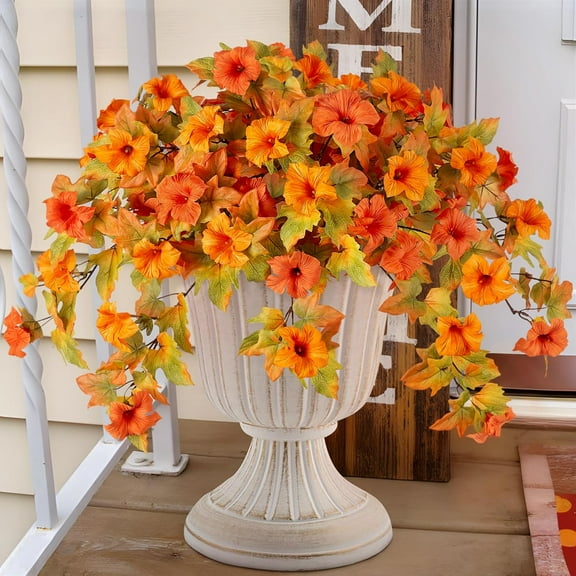 VVYXX 2Pcs Artificial Hanging Flowers Outdoor Fall Decor Autumn Fake Plant Morning Glory UV Resistant Garden Porch Patio Wedding Decor,ORANGE