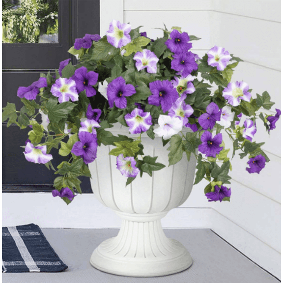 VVYXX 2Pcs Artificial Hanging Flowers Outdoor Fall Decor Autumn Fake Plant Morning Glory UV Resistant Garden Porch Patio Wedding Decor, Purple