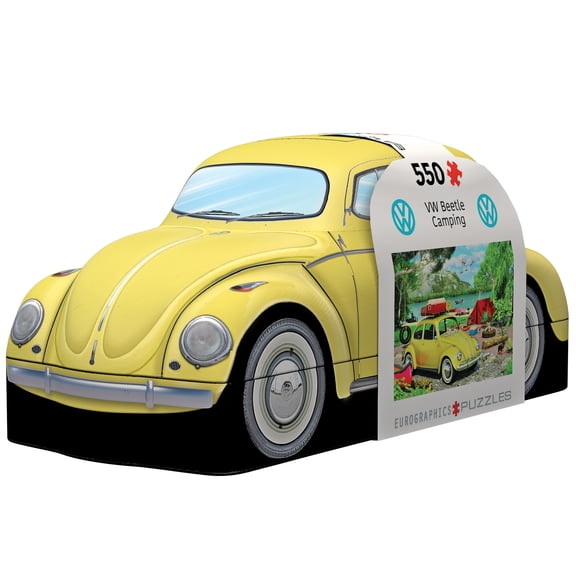Eurographics: VW Beetle Camping Tin - 550 Piece Puzzle, Vintage Lakeside Outdoor Scene, Nostalgic Jigsaw, Collectible Embossed Car-Shaped Storage Tin