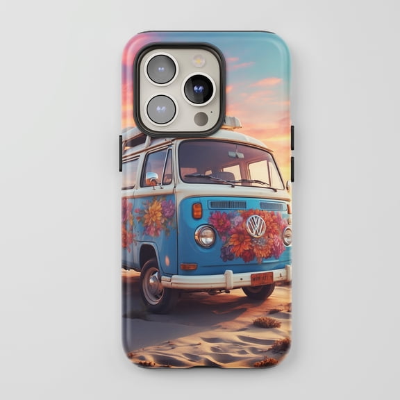VW Bus Floral For All iPhone Series Tough Phone Case Vintage Beach Sunset