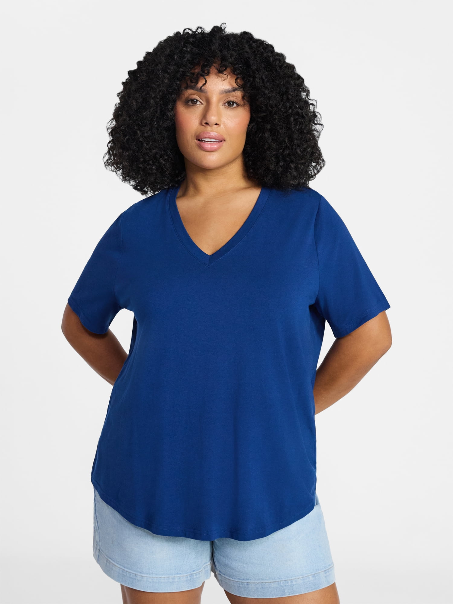 Terra & Sky Women's Plus Size V-Neck Tee with Short Sleeves, Size 0X-5X
