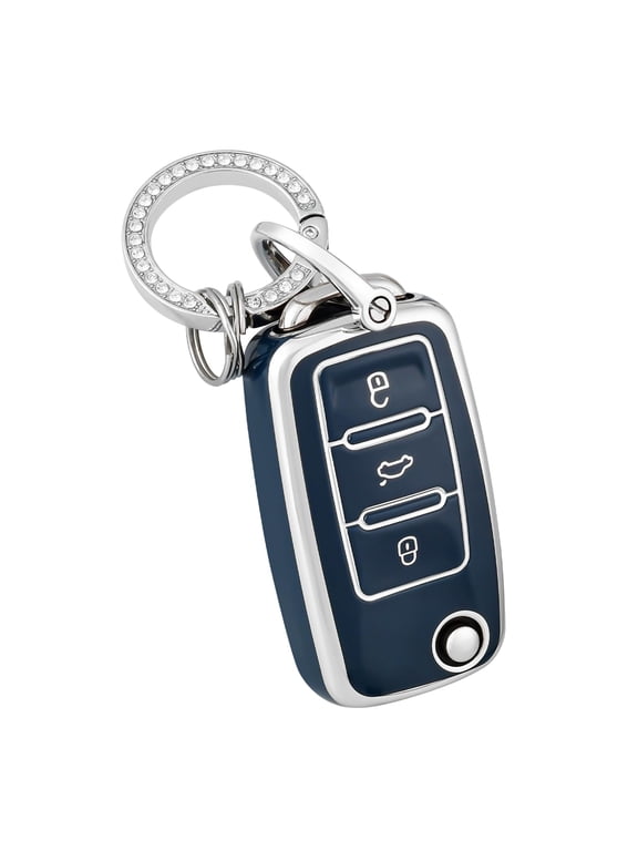 for VW Key Fob Cover with Keychain Silver Trim Soft TPU Compatible with Volkswagen Jetta Beetle Santana Scirocco Eos Tiguan Touran Polo MK5 Passat Golf GTI MK6,Dark Blue