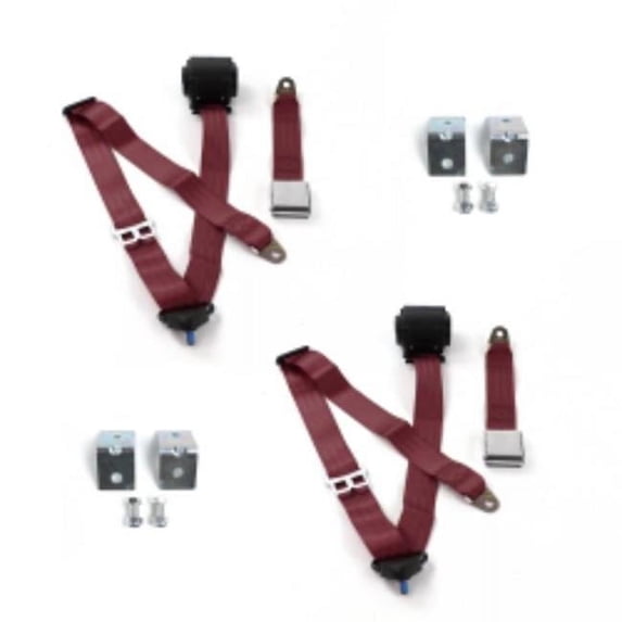 VW Type 2 Split 1949-1967 Airplane 3 Point Burgandy Retractable Bucket Seat Belt Kit with Bracketry - 2 Belts