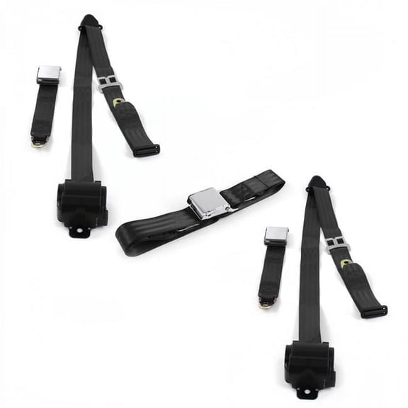 VW Type 3 Squareback Airplane 3 Point Black Retractable Bench Seat Belt Kit - 3 Belts