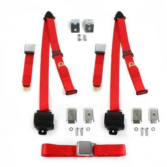 VW Type 3 Squareback Airplane 3 Point Red Retractable Bench Seat Belt Kit with Bracketry - 3 Belts