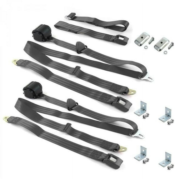 VW Type 3 Squareback Standard 3 Point Charcoal Retractable Bench Seat Belt Kit with Bracketry - 3 Belts