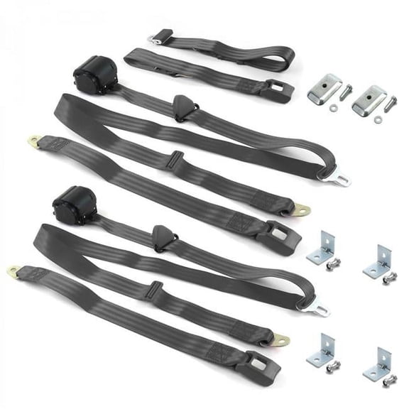 VW Type 3 Squareback Standard 3 Point Charcoal Retractable Bench Seat Belt Kit with Bracketry - 3 Belts