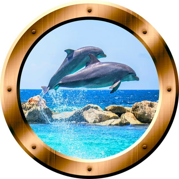 VWAQ 1 Dolphins Wall Sticker Porpoise Porthole 3D Wall Decal Peel And Stick Decor VWAQ-BP27 (14" Diameter)