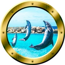 VWAQ 1X Dolphins Porthole Porpoise Wall Decal 3D Wall Sticker Peel And Stick Decor VWAQ-GP26 (14" Diameter)