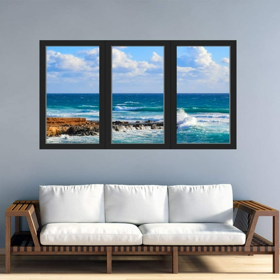VWAQ - 3D Beach View Office Window Wall Decal Sticker Peel and Stick Ocean Scene Mural - OW14
