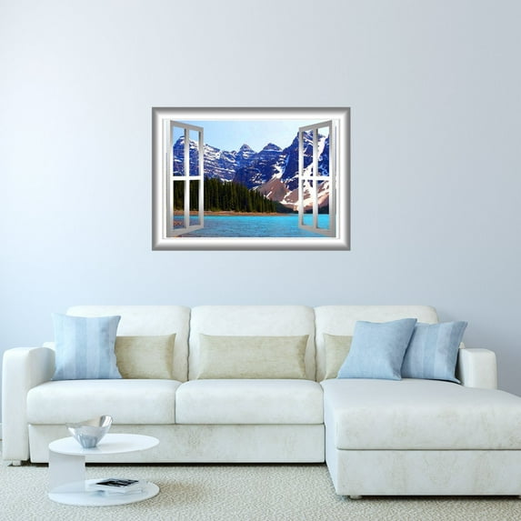 VWAQ 3D Nature Wall Stickers Lake Window Frame Wall Decal Peel And Stick Home Decor Wall Mural - NW26 (24"H x 30"W)