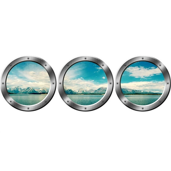 VWAQ 3D Ocean View Wall Clings, Porthole Window For Wall - Landscape Vinyl Sticker -SPW21 (Silver, 24" Diameter)