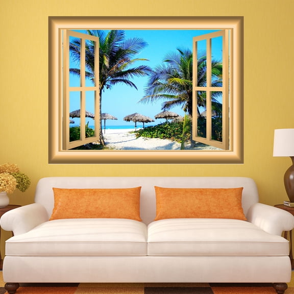 VWAQ 3D Sandy Beach Window Decal Seaside Wall Sticker Peel and Stick Mural VWAQ-NW35 (18"H X 22"W)