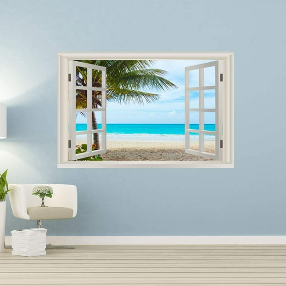 VWAQ - 3D Window Ocean Beach Palm Trees Wall Decals Sea Decor Sticker Seascape Mural - NWT15